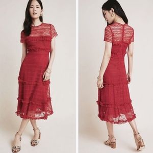 NWT Anthropologie Vone Red Dashing Lace Midi Dress